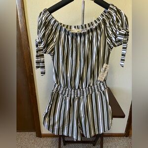 Derek Heart Olive and White Striped Romper